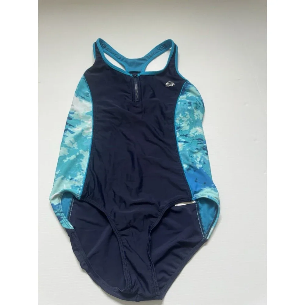 Gerry Girls Size 16 One Piece Swimsuit Navy Blue Turquoise Zip Front